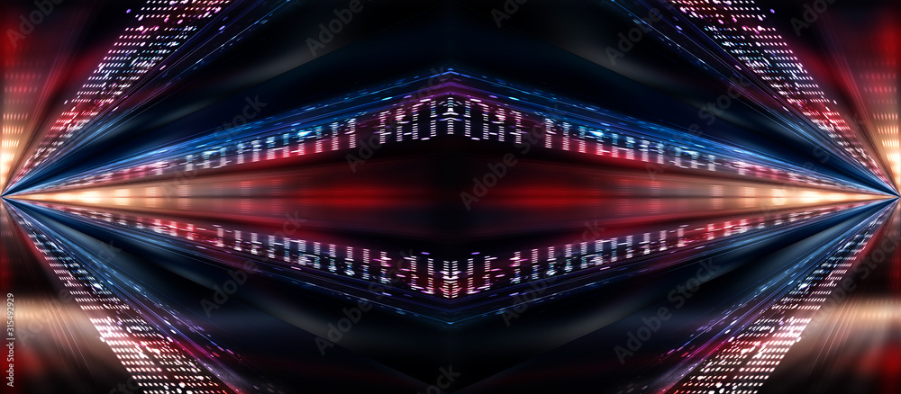 Empty background scene. Abstract dark background. Abstract spotlight. Rays neon light in the dark, neon figures. The distortion of space, reflection. Abstract light.