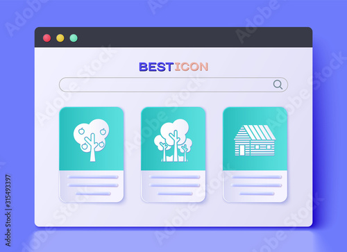 Set Trees, Tree with apple and Farm house icon. Vector photo