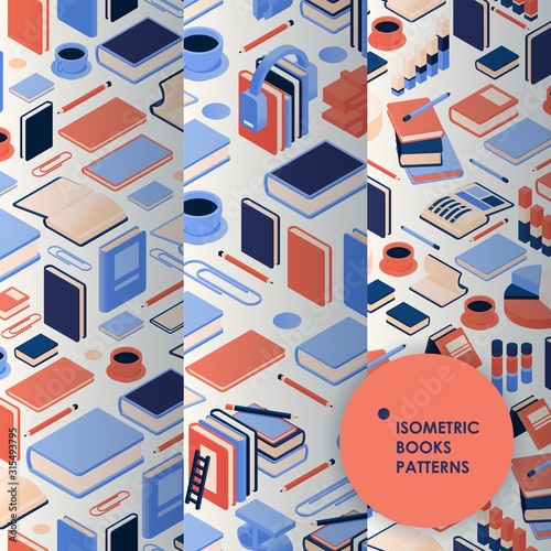 Isometric collection seamless educational patterns with books, coffee cups and various elements