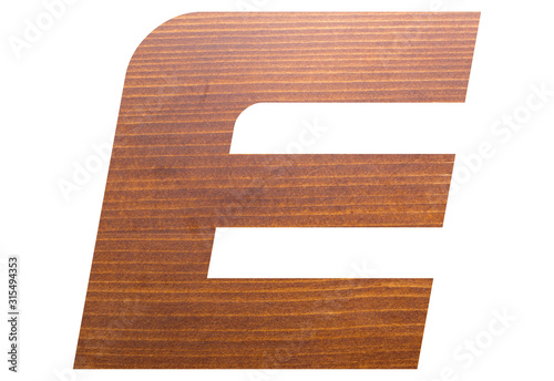 capital letter E alphabet with brown wooden texture on white background.