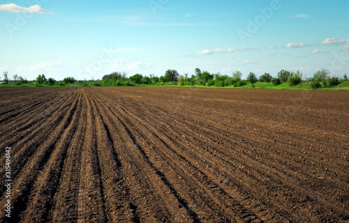 Preparing field for planting. Plowed soil in spring time with two tubes and blue sky. photo