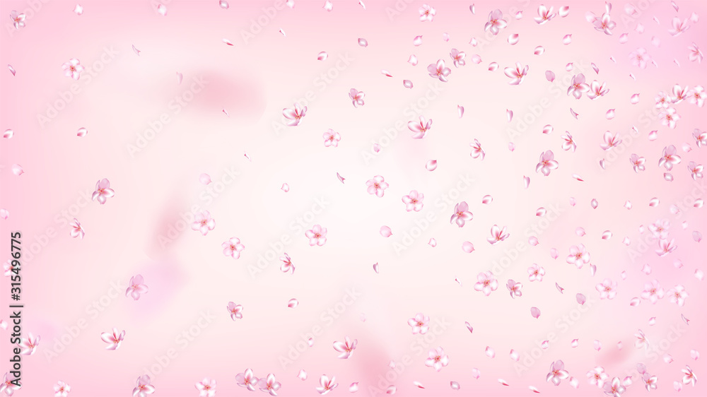 Nice Sakura Blossom Isolated Vector. Summer Showering 3d Petals Wedding Design. Japanese Beauty Spa Flowers Illustration. Valentine, Mother's Day Beautiful Nice Sakura Blossom Isolated on Rose