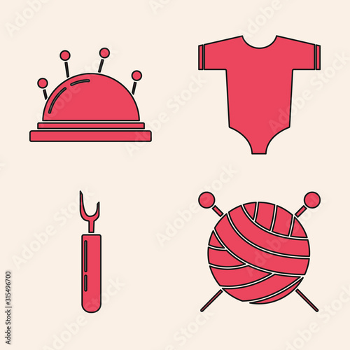 Set Yarn ball with knitting needles, Needle bed and needles, Baby clothes and Cutter tool icon. Vector