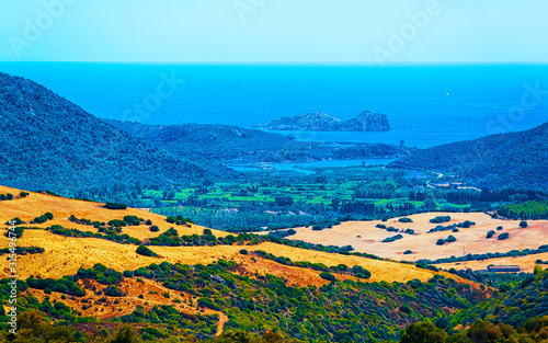 Landscape and Beautiful Scenery of Mediterranean Sea in Teulada  Carbonia-Iglesias. Panorama in South Sardinia island of Italy. Sardegna in summer. Cagliari province. Mixed media.
