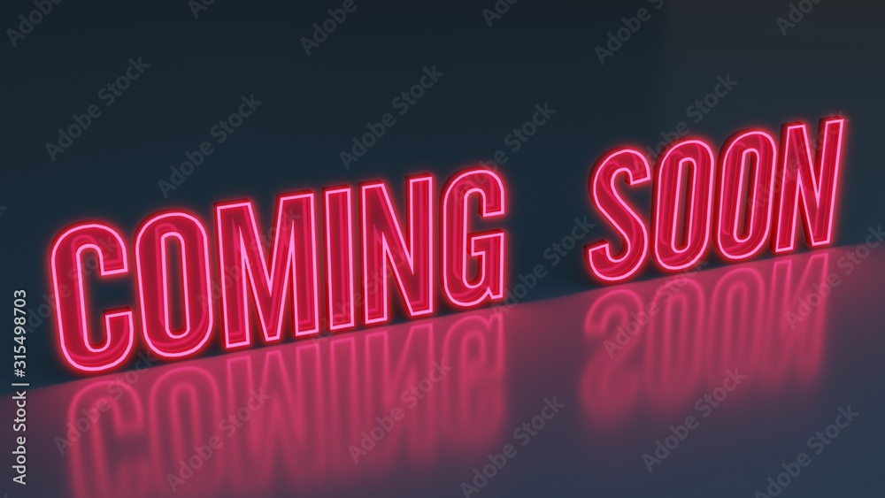Coming Soon Neon Sign on Dark Blue background with glow