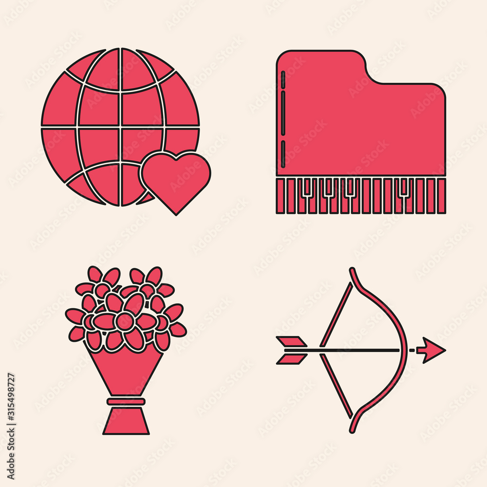 Plakat Set Bow and arrow, The heart world love, Grand piano and Bouquet of flowers icon. Vector