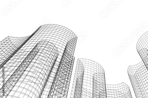 Modern architecture building. Linear 3d illustration. Concept sketch