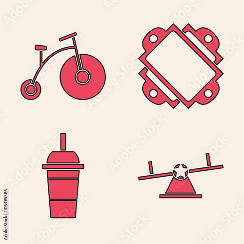 Set Seesaw, Vintage bicycle with one big wheel and one small, Ticket and Paper glass with drinking straw and water icon. Vector