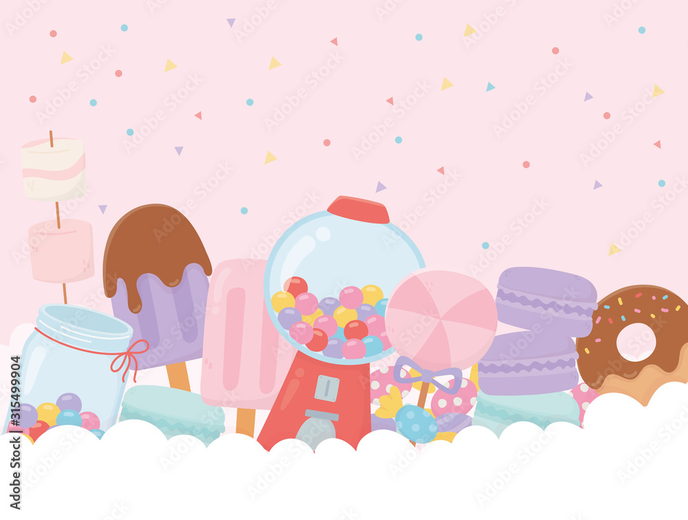 sweet products bubble gum machine ice cream donut macaron marshmallow lollipop on clouds sweet products bubble gum machine ice cream donut macaron marshmallow lollipop on clouds
