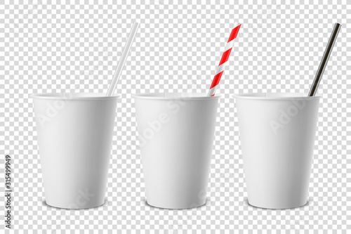 Vector 3d Realistic White Disposable Opened Blank Paper, Plastic Coffee, Tea Cup for Drinks with Straw Icon Set Closeup Isolated on Transparent Background. Design Template, Mockup. Top and Front View