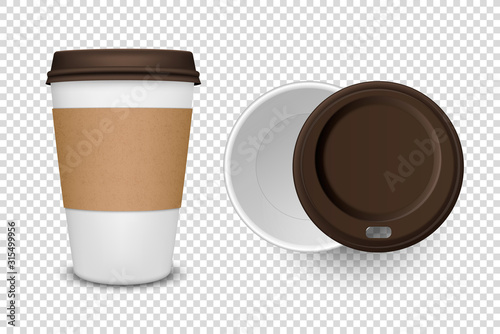 Vector 3d Realistic Disposable Opened and Closed Paper, Plastic Coffee, Tea Cup for Drinks with Brown Plastic Lid Icon Set Closeup Isolated on Transparent Background. Design Template, Mockup. Top View