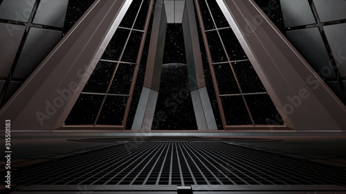 sci fi corridor with view of space galaxy 3d rendering