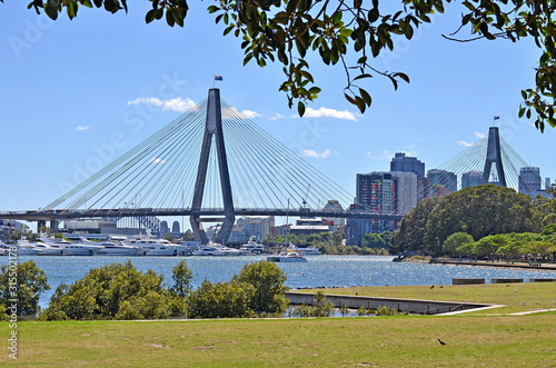 Glebe foreshore walk with a view at Anzac Bridge and Pyrmont suburb, Sydney, Australia