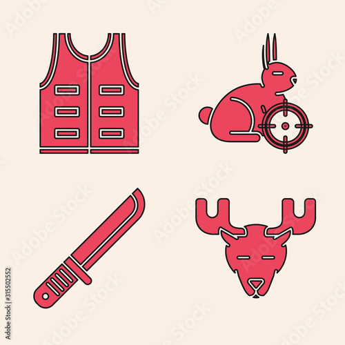 Set Moose head with horns, Hunting jacket, Hunt on rabbit with crosshairs and Hunter knife icon. Vector