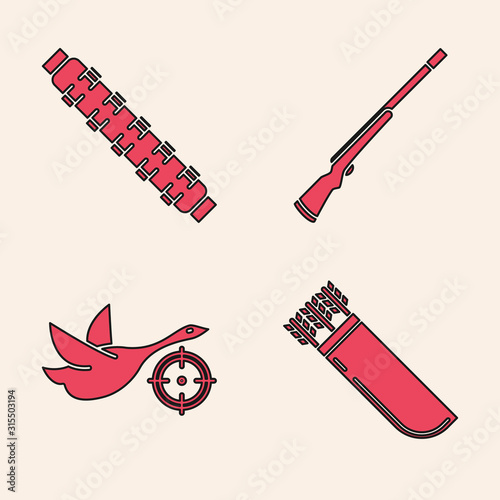 Set Quiver with arrows, Hunting cartridge belt with cartridges, Hunting gun and Hunt on duck with crosshairs icon. Vector