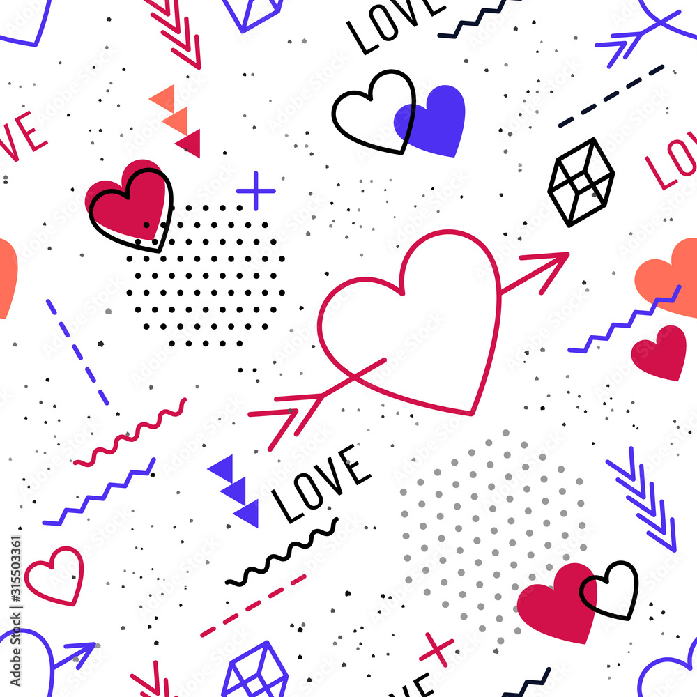 Trendy Valentine's Day geometric seamless pattern for happy celebration with holiday symbols in retro 80s, 90s style.