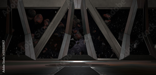sci fi  corridor with view of space galaxy 3d rendering