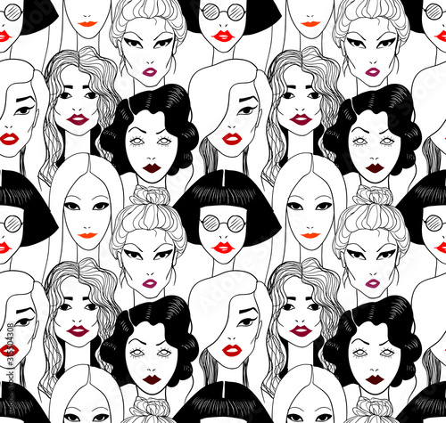 Womens faces with red lips. Seamless pattern.