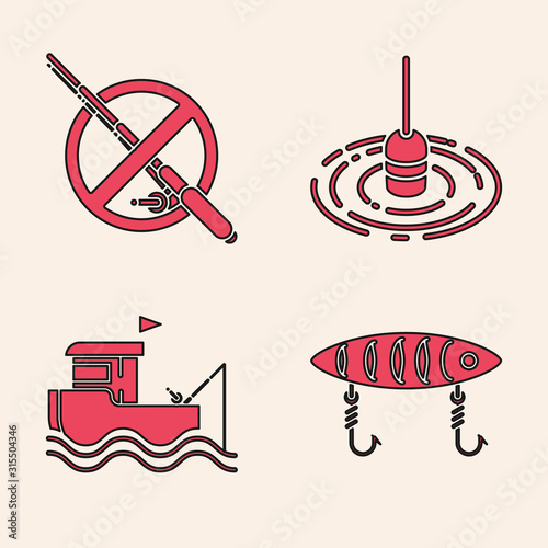Set Fishing lure, No fishing, Fishing float in water and boat with rod on water icon. Vector