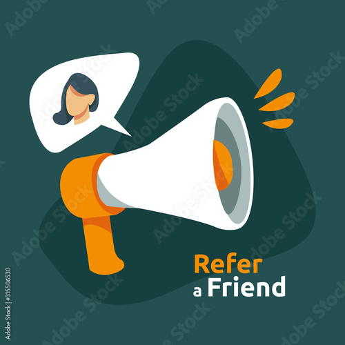 refer a friend illustration concept. affiliate marketing strategy. people character shout megaphone sharing referral business partnership earn money for web landing page, banner, poster, print media