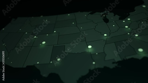 Cinematic United States Map with flickering lights. Night view military scientific map rotates. Animated moving map with close-ups