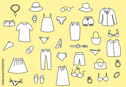 Hand drawing clothing of male and female isolated on yellow background
