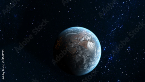 3D scene Earth globe with atmosphere and clouds from the space with sun light effects used NASA Earth images textures © Photo-maxx