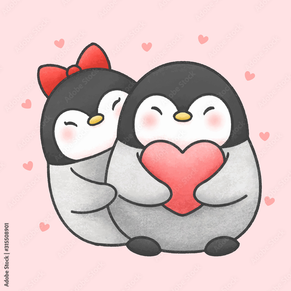 Cute penguin couple cartoon hand drawn style Cute penguin couple cartoon hand drawn style