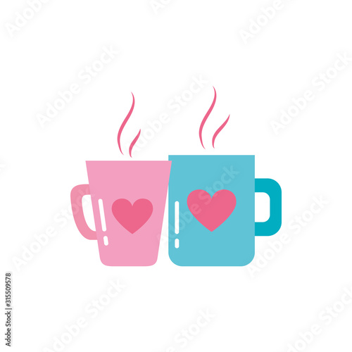 Isolated coffee mugs with hearts vector design