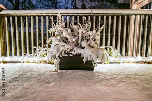 fresh snowfall on the backyard deck at night photo