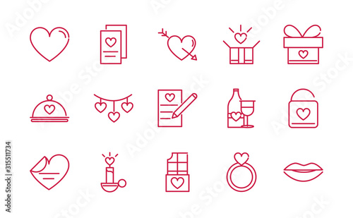 happy valentines day romantic passion love icons set red line design