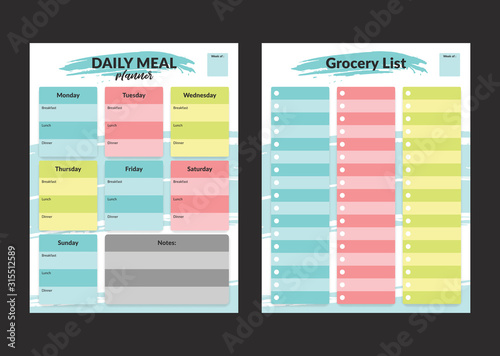 Menu meal planner and grocery shopping list weekly template for print in pastel colorful style
