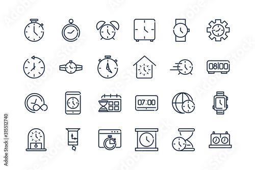 time clock timer hour date linear design set icons