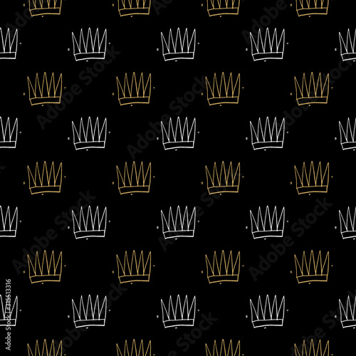 Crown Seamless Pattern, hand drawn royal doodles background, Vector Illustration