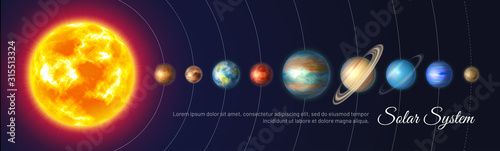 Colorful solar system with nine planets and satellites. Astronomy banner with planet stand in row. Galaxy discovery and exploration. Realistic planetary system and deep space vector illustration. photo