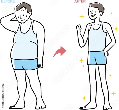 男性 ダイエット ビフォーアフター 線画 ベクター イラスト	