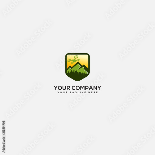 drone mountain and camera view logo, safety drone outdoors logo, shield drone
