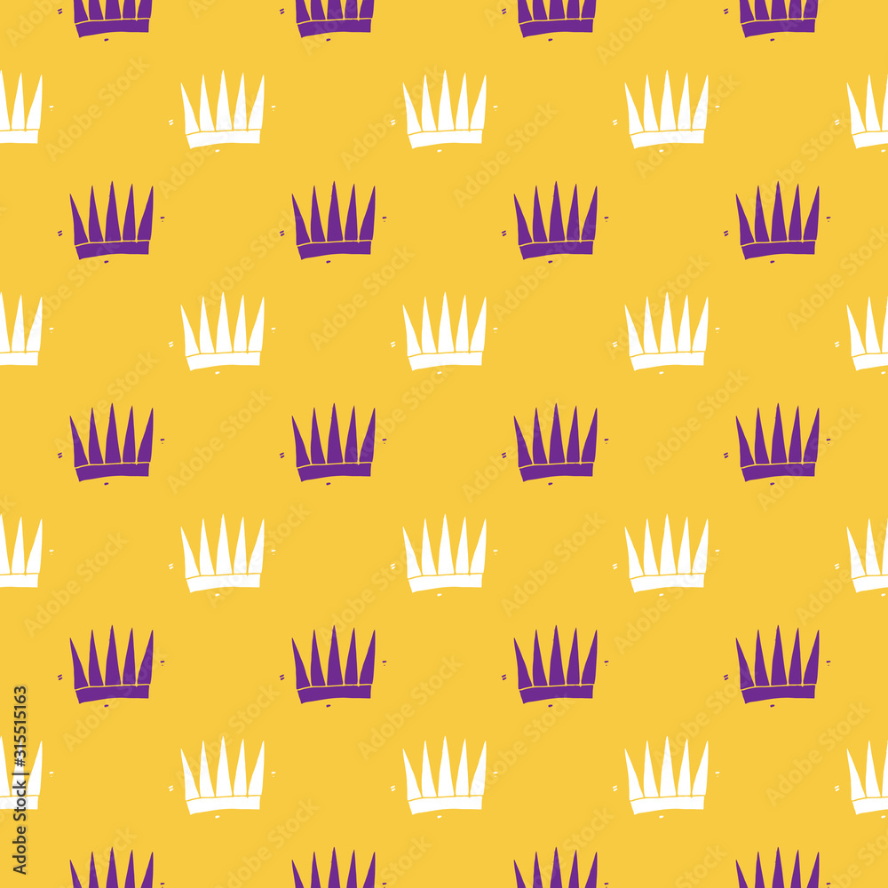 Crown Seamless Pattern, hand drawn royal doodles background, Vector Illustration