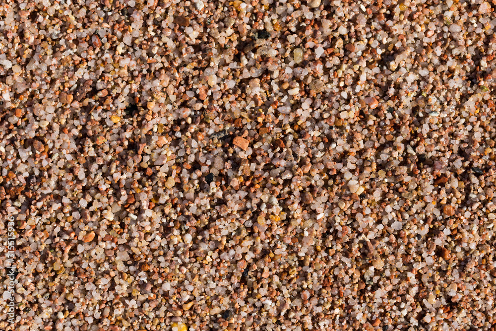 Small pebbles form the background of the sea shore. Coarse multicolor sand.
