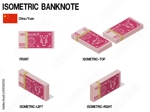 Set of Isometric Yuan banknote on white background