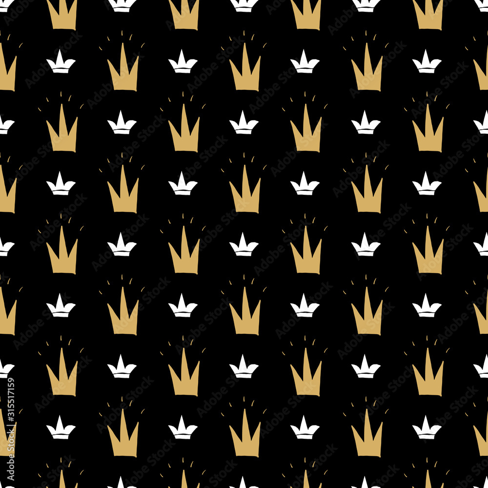Crown Seamless Pattern, hand drawn royal doodles background, Vector Illustration