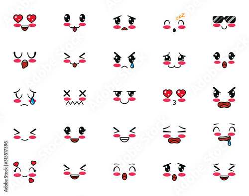 Isolated kawaii cartoon face icon set vector design