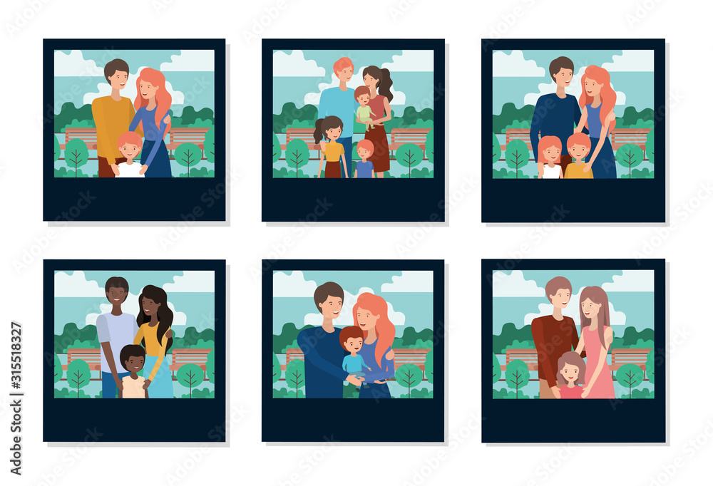 Set of mother father and kids inside pictures vector design Set of mother father and kids inside pictures vector design