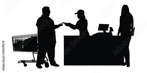 Customer and cashier in supermarket silhouette vector, Supermarket, Line Waiting Images, Buyer Basket Checkout, Customer Purchase.