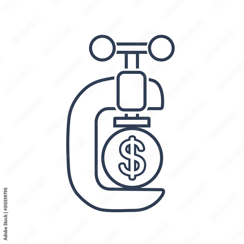 A vise squeezes a coin. Financial pressure. Vector linear icon on a white background. A vise squeezes a coin. Financial pressure. Vector linear icon on a white background.