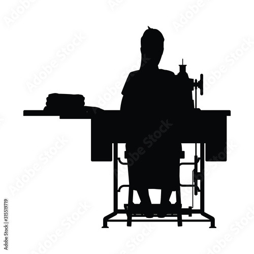 Female dressmaker with sewing machine silhouette vector