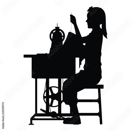 Female dressmaker with sewing machine silhouette vector