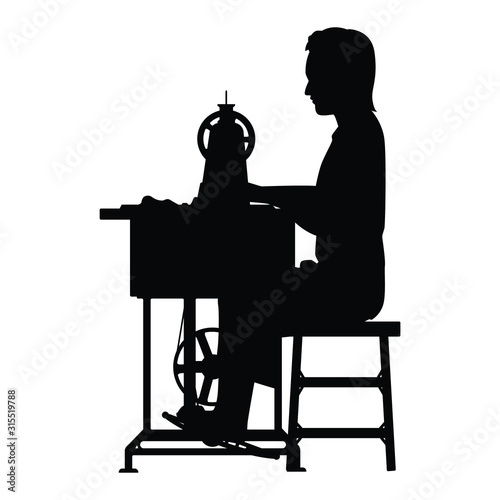 Female dressmaker with sewing machine silhouette vector