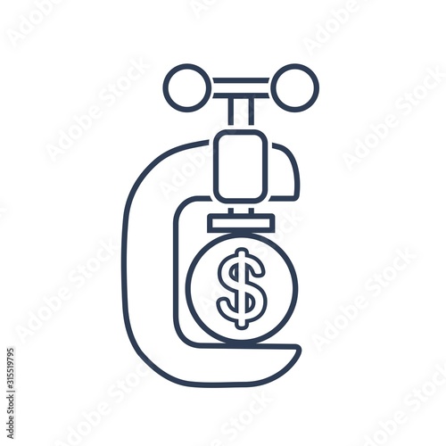 A vise squeezes a coin. Financial pressure. Vector linear icon on a white background.