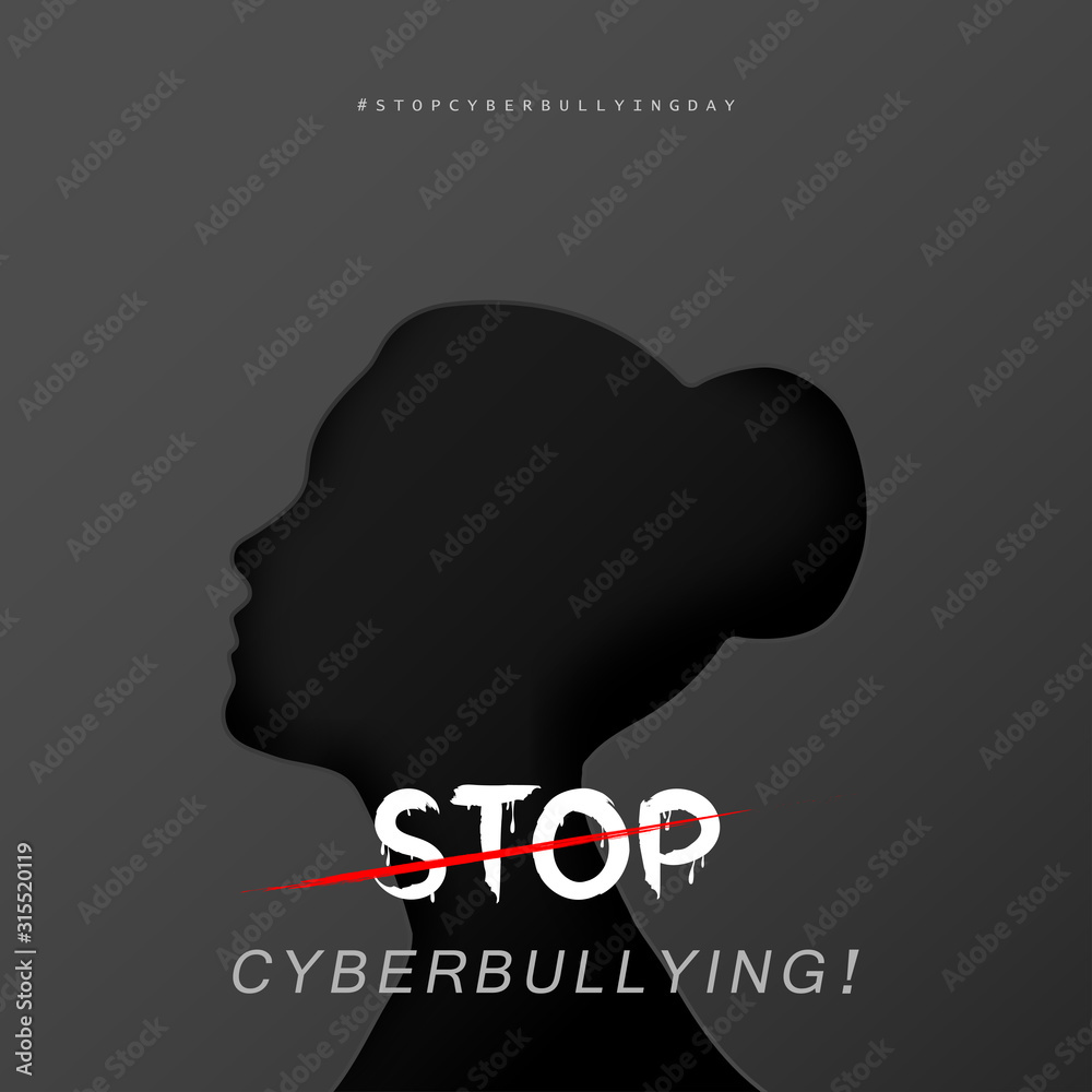 Problems cyber bullying concept. Woman head silhouette with text stop cyber bullying. Paper cut style design for banner, poster, web. Vector illustration.